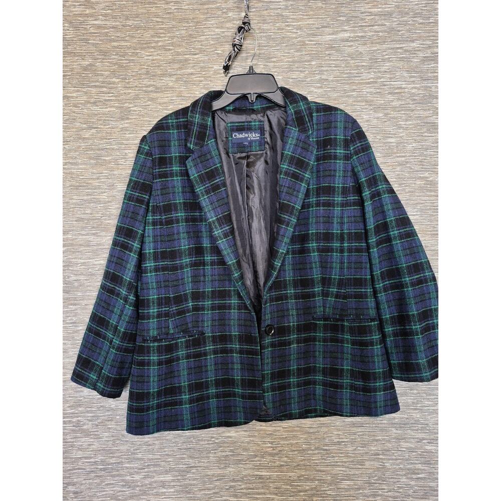 Chadwicks Of Boston Blazer Womens 18 Green Blue Tartan Plaid Wool Blend Jacket